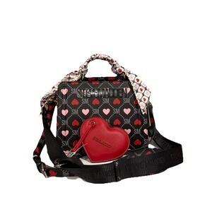 Steve Madden Heart Print Bevelyn Satchel Handbag Black Pink Red Crossbody